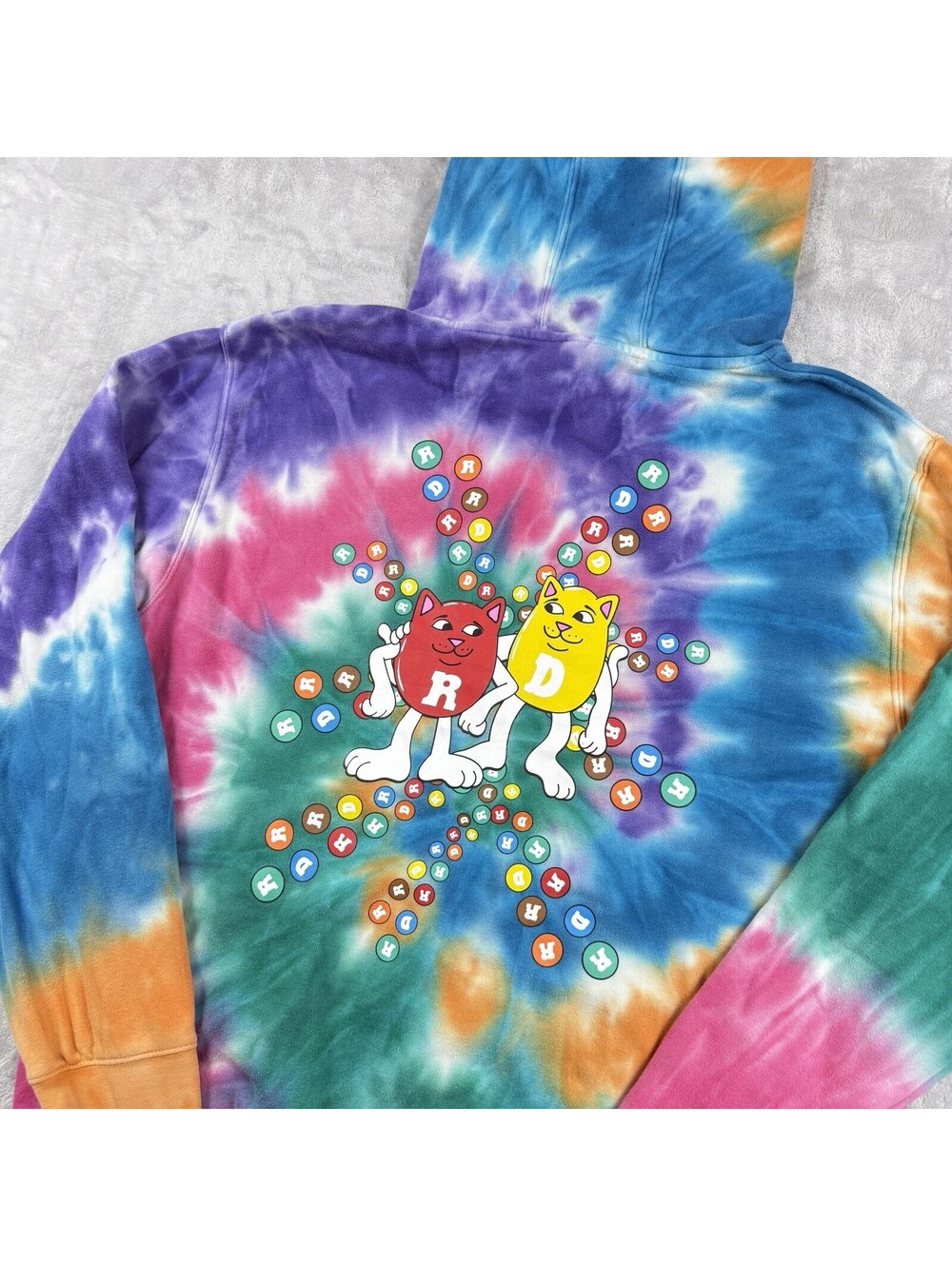 RIPNDIP M&M's Cat Tie Dye Hoodie SZ L Rainbow Spiral Graphic Cat Streetwear Y2K